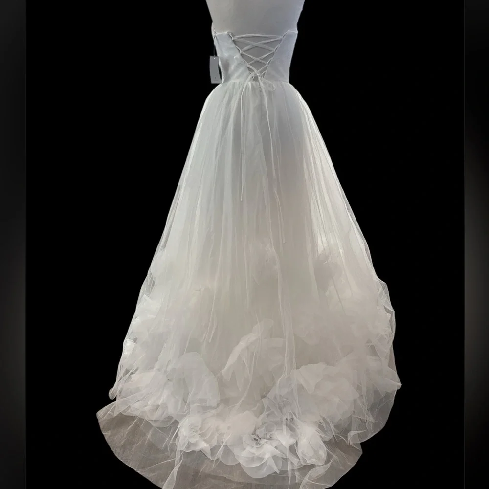 Lulus Beloved Vow Strapless Wedding Dress Small White Tulle 3D Flower Pleated - Picture 7 of 12